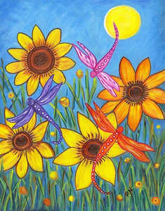 Sunflowers and Dragonflies Art Print