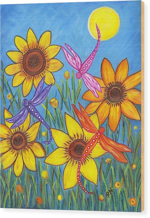 Sunflowers and Dragonflies Wood Print