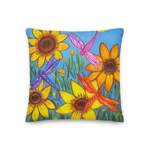 Sunflowers and Dragonflies Premium Pillow